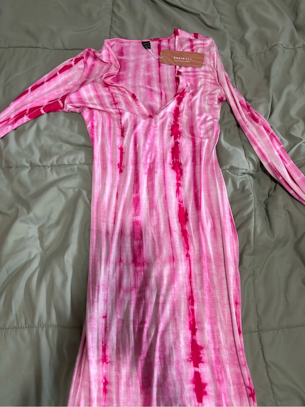 SHEIN Pink Tie-Dye V-Neck Long Sleeve Maxi Dress